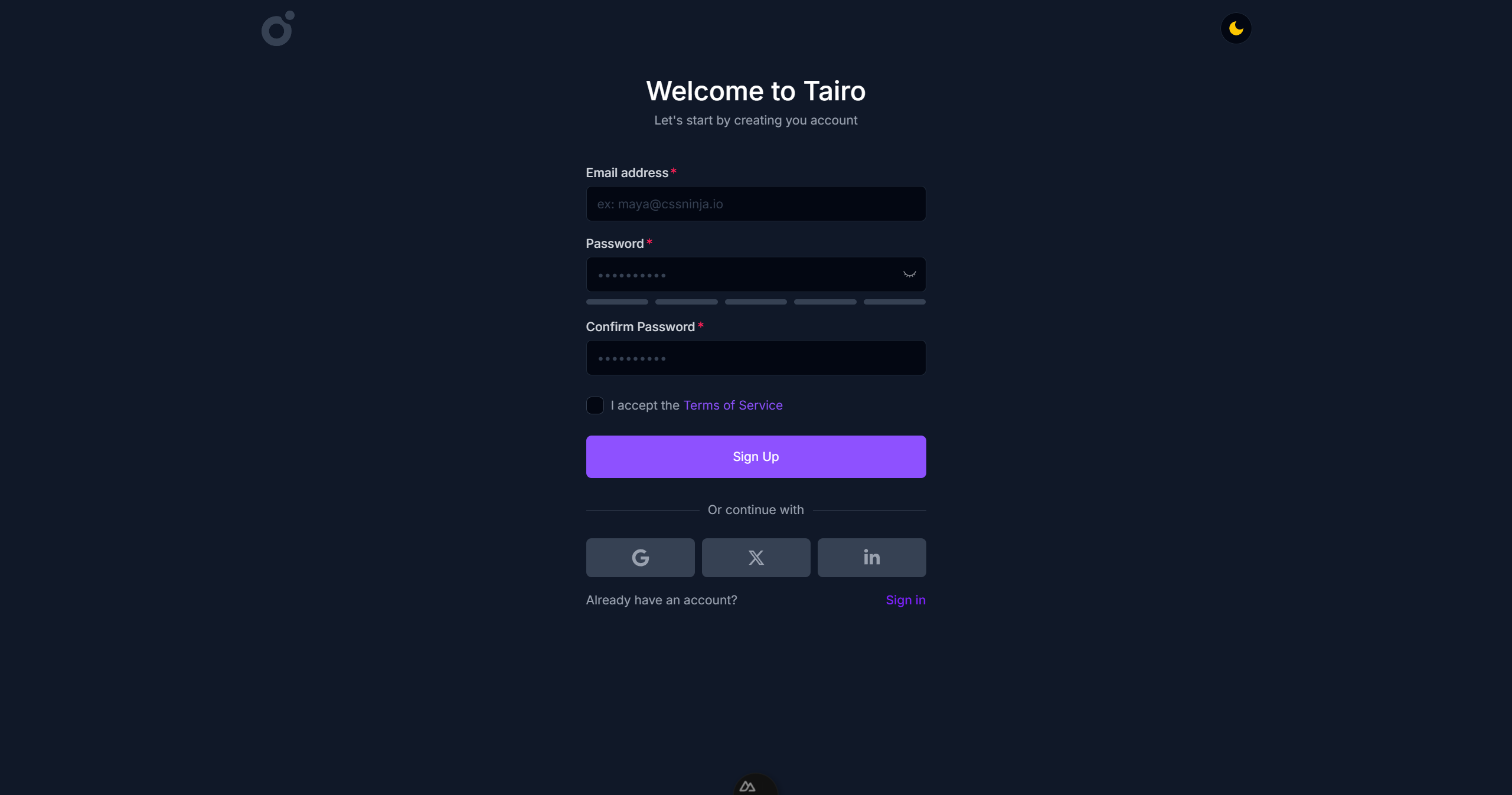 Tairo - Signup 2
