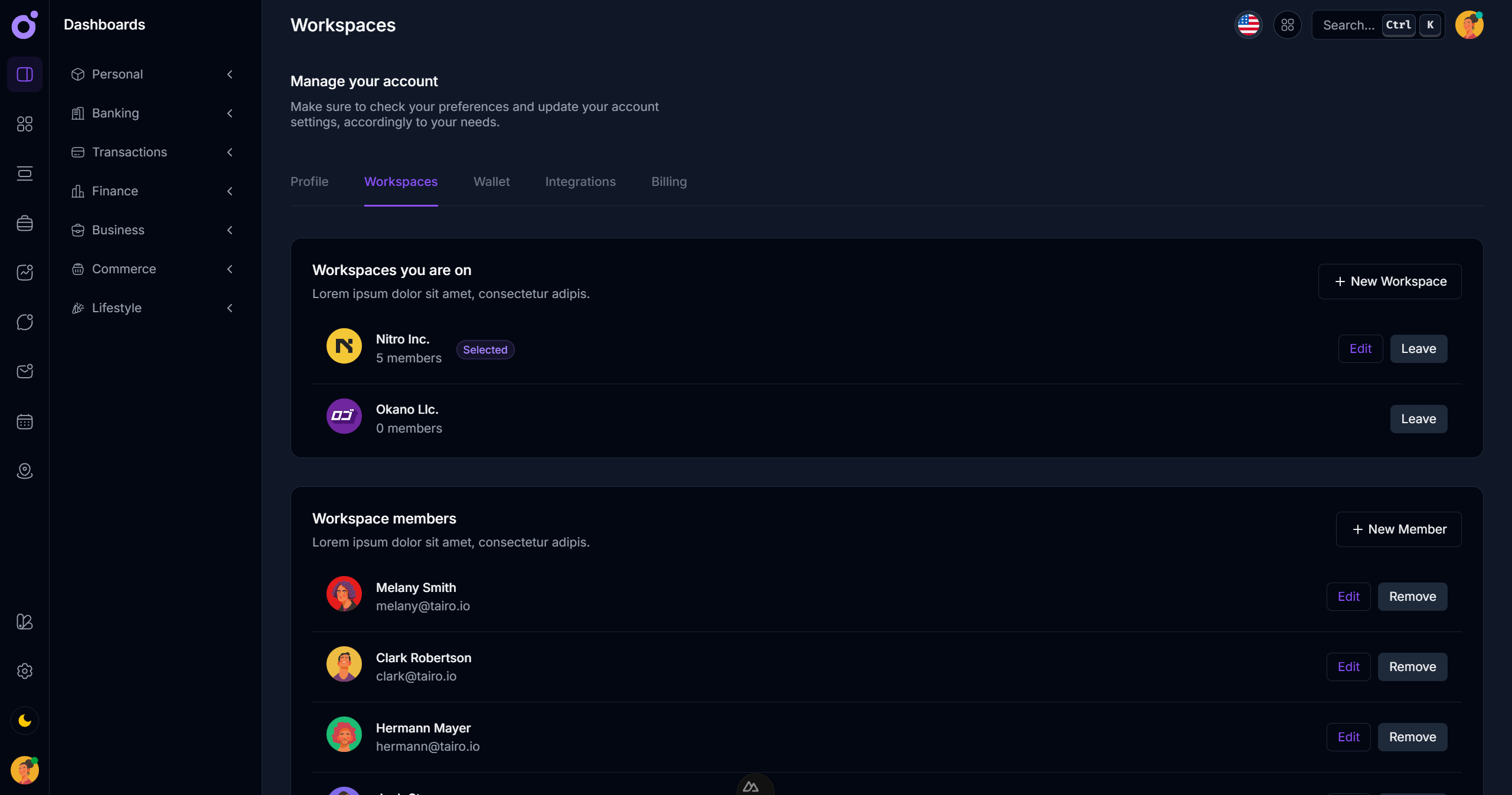 Tairo - Preferences - Workspaces